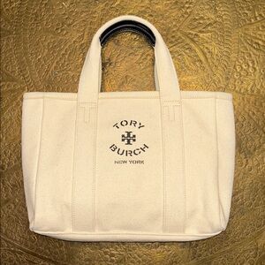 Authentic Tory Burch Cream Canvas Tote Bag w/ leather accent on handles